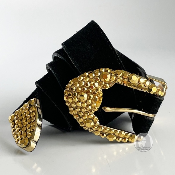 Michael Morrison Belt Embellished Gold Rhinestones Black Suede Leather Vintage - Picture 2 of 12